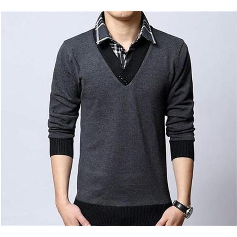 送料無料 ニットセーター メンズ フェイクレイヤード チェック柄 トップス Vネック 無地 あったか 防寒 カジュアル 通勤 厚手 シンプル 秋冬 - 画像 (8)