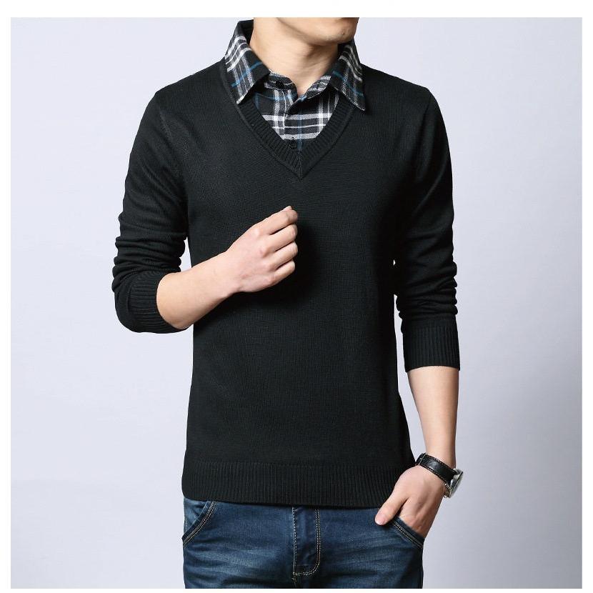 送料無料 ニットセーター メンズ フェイクレイヤード チェック柄 トップス Vネック 無地 あったか 防寒 カジュアル 通勤 厚手 シンプル 秋冬 - 画像 (9)