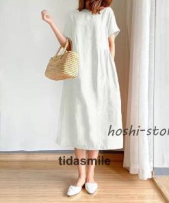 ワンピース ロング レディース リネン風 半袖 春 夏 きれいめ カジュアル ゆったり 体型カバー 膝丈 30代 40代 着痩せ シンプル おしゃれ