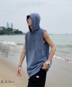 タンクトップ パーカー メンズ Tシャツ フード付き ノースリーブ カジュアル トップス 重ね着 薄手 無地 スポーツ トレーニング 春夏 おしゃれ