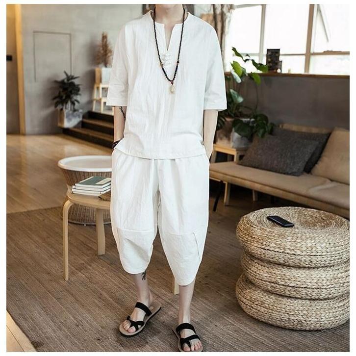 【特価】綿麻上下セット セットアップ リネン メンズ ワイドパンツ サルエルパンツ 上下 ルームウェア 半袖 薄手 Tシャツ パンツ 部屋着 - 画像 (3)