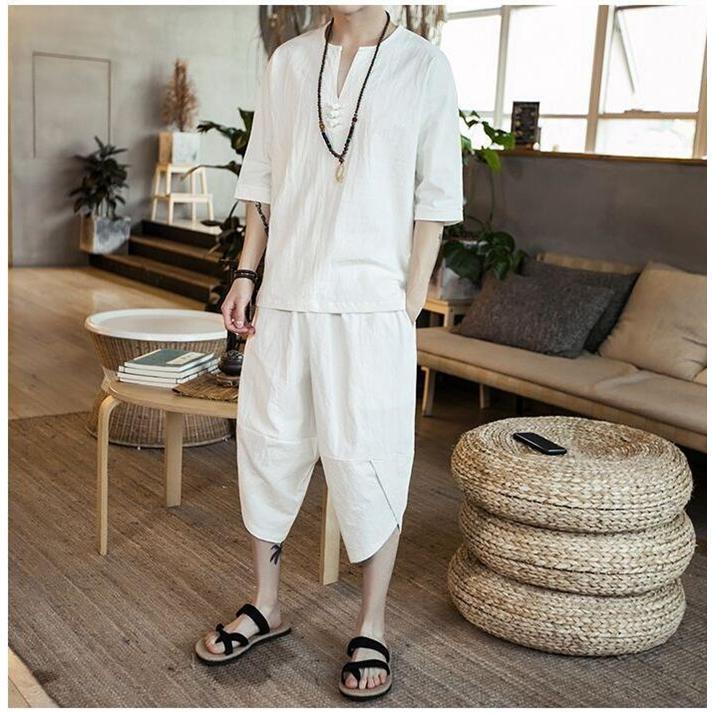 【特価】綿麻上下セット セットアップ リネン メンズ ワイドパンツ サルエルパンツ 上下 ルームウェア 半袖 薄手 Tシャツ パンツ 部屋着 - 画像 (4)