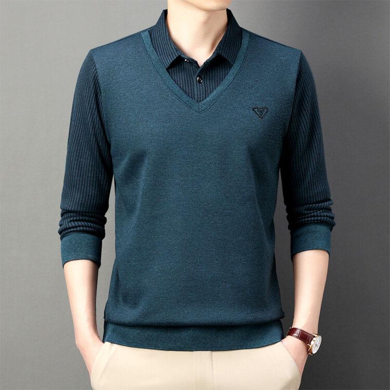 ニット メンズ 長袖 セーター 重ね着風 無地 おしゃれ シンプル 秋 秋服 秋物 秋冬 防寒 ハンサム 寒さ対策 暖かい お兄系 30代 40代 50代 - 画像 (3)