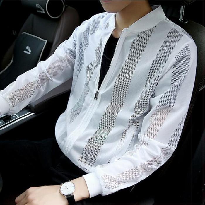 サマーカーディガン メンズ ストライプ 切り替え ライトアウター 夏 薄手 冷感 涼しい 冷房対策 長袖 メッシュ編み - 画像 (2)