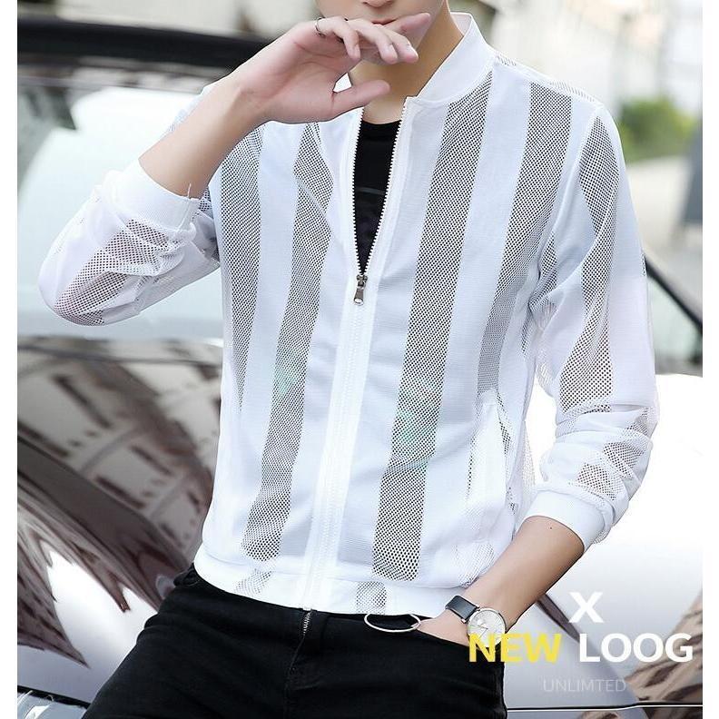 サマーカーディガン メンズ ストライプ 切り替え ライトアウター 夏 薄手 冷感 涼しい 冷房対策 長袖 メッシュ編み - 画像 (8)