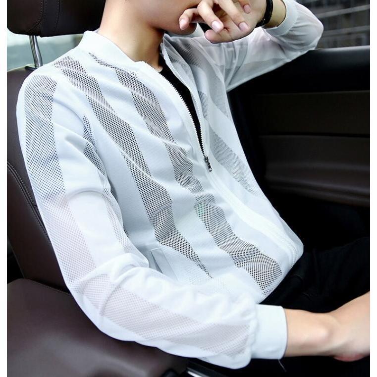 サマーカーディガン メンズ ストライプ 切り替え ライトアウター 夏 薄手 冷感 涼しい 冷房対策 長袖 メッシュ編み - 画像 (9)