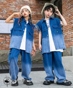 キッズダンス衣装 デニム セットアップ 女の子 男の子 かっこいい ダイタイ柄 ヒップホップ 韓国 k-pop衣装 Gジャン デニムパンツ タンクトップ グラデーション