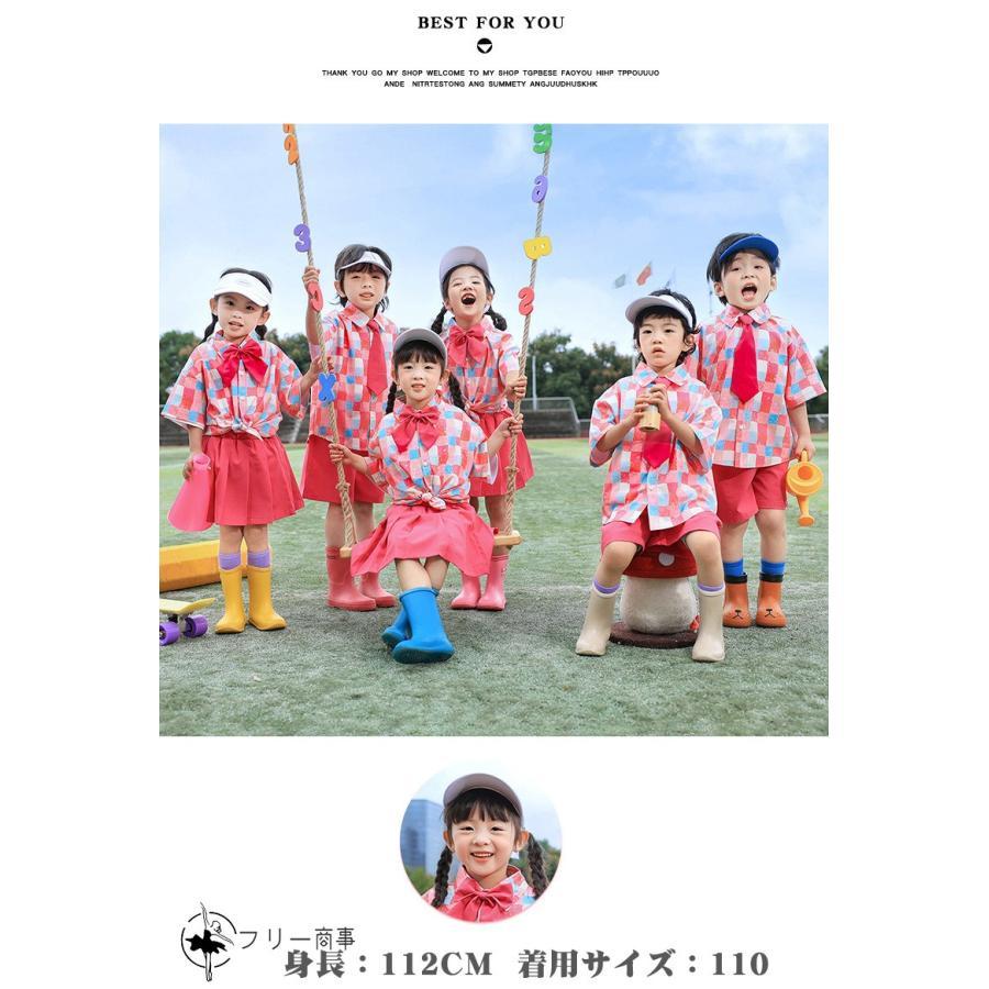 バラ色 韓国 キッズダンス衣装 セットアップ 半袖シャツ 短パン スカート 女の子 男の子 ステージ衣装 子供服 ヒップホップ 可愛い ダンスウェア 団体 演出服 派 - 画像 (2)