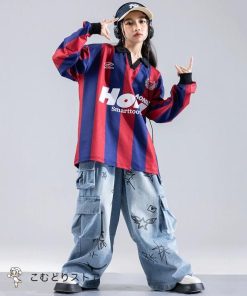 赤シャツ キッズダンス衣装 長袖 ボーダー柄 デニムパンツ セットアップ ヒップホップ デニム パンツ ダンスキッズ 子供服 カッコイイ 男の子 女の