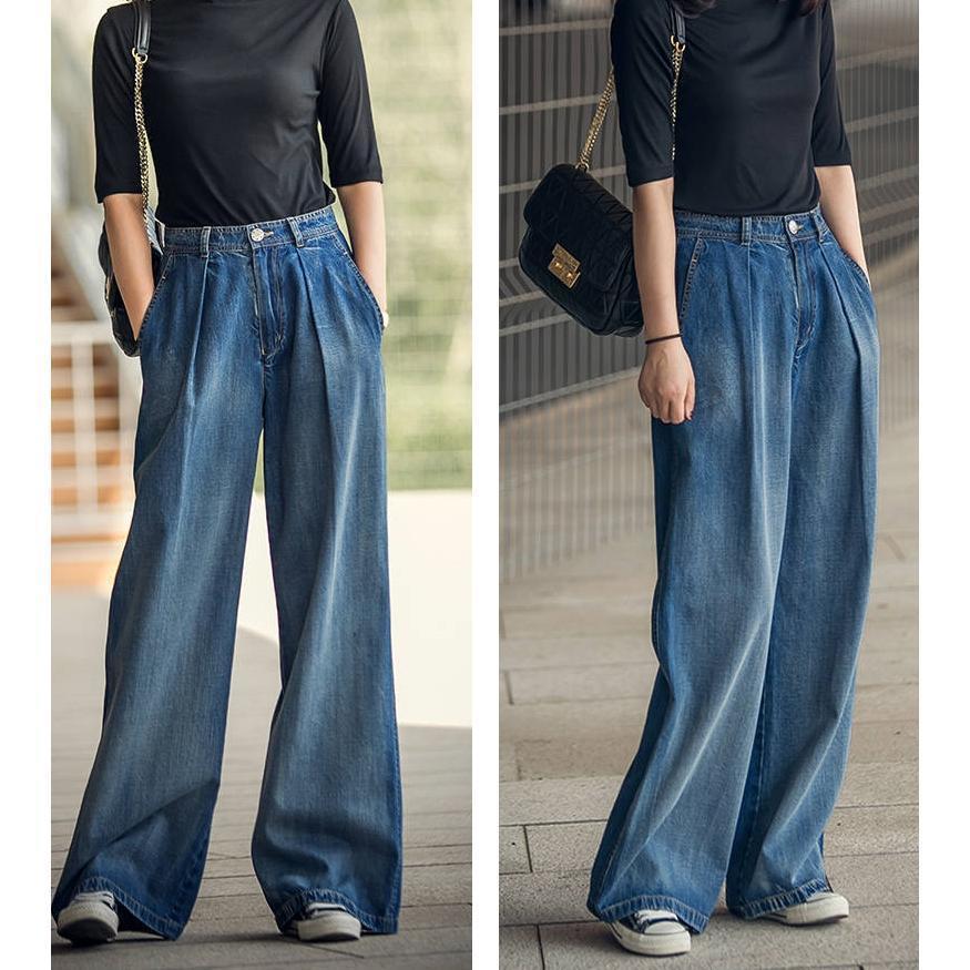 フレアパンツ デニム バギーパンツ レディースガウチョパンツ ボトムス ウエストゴム ジーンズ 大きいサイズ 春秋 - 画像 (4)