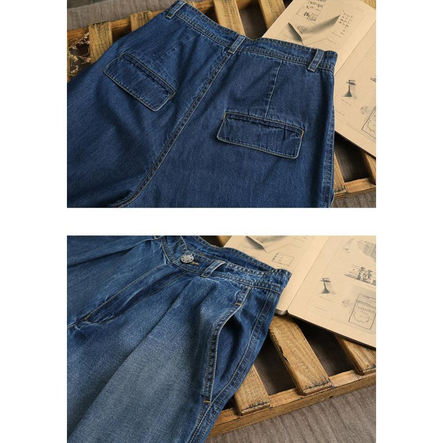 フレアパンツ デニム バギーパンツ レディースガウチョパンツ ボトムス ウエストゴム ジーンズ 大きいサイズ 春秋 - 画像 (7)