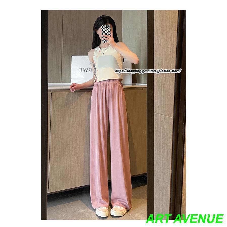 ワイドパンツ レディース ボトムス 低身長〜高身長 プリーツ パンツ ズボン ウエストゴム ストレート 春コーデ ワイド ゆったり ハイウエスト 夏秋服 リブ - 画像 (2)