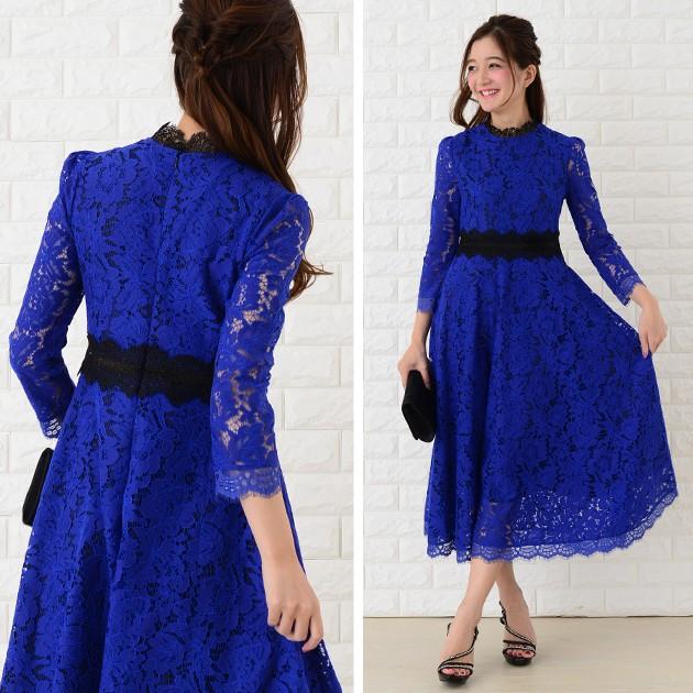 Lace Ladies パーティードレス 総レース ミモレ丈 ワンピース グリーン ドレス フレア 七分袖 レディースミディ丈 ロングドレス 膝下丈 袖あり - 画像 (9)