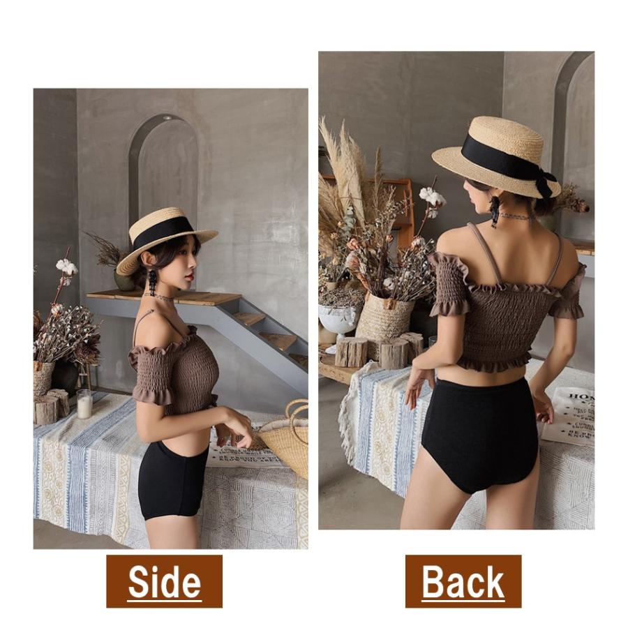 【9/20・21限定クーポン♪】水着 レディース 上下 セット 体型カバー 二の腕カバー シンプル XL 黒 ブラック ハイウエスト オフショルダー おしゃれ - 画像 (5)