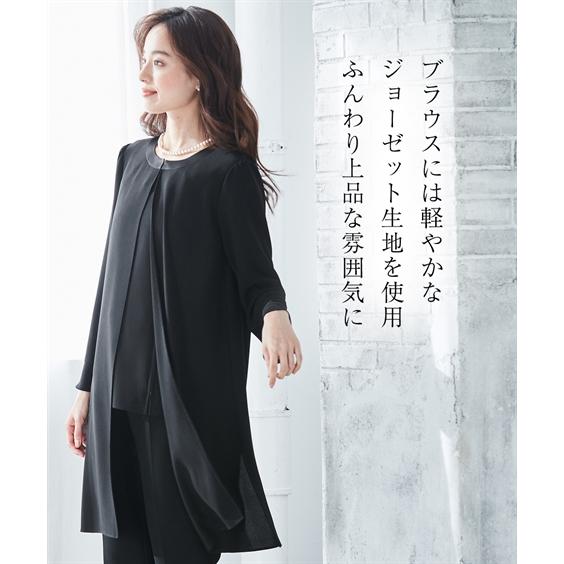 ニッセン 喪服 スーツ パンツ レディース 礼服 洗える防しわ ロング 羽織重ね着風 前開き ブラウス ストレッチ S/M/L nissen - 画像 (6)