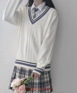 ライン入り ケーブル Vネック ニットセーター ホワイト スクール 制服 セーター 男女兼用 入学 通学 中学生 高校生 学生服 レディース メンズユニセックス