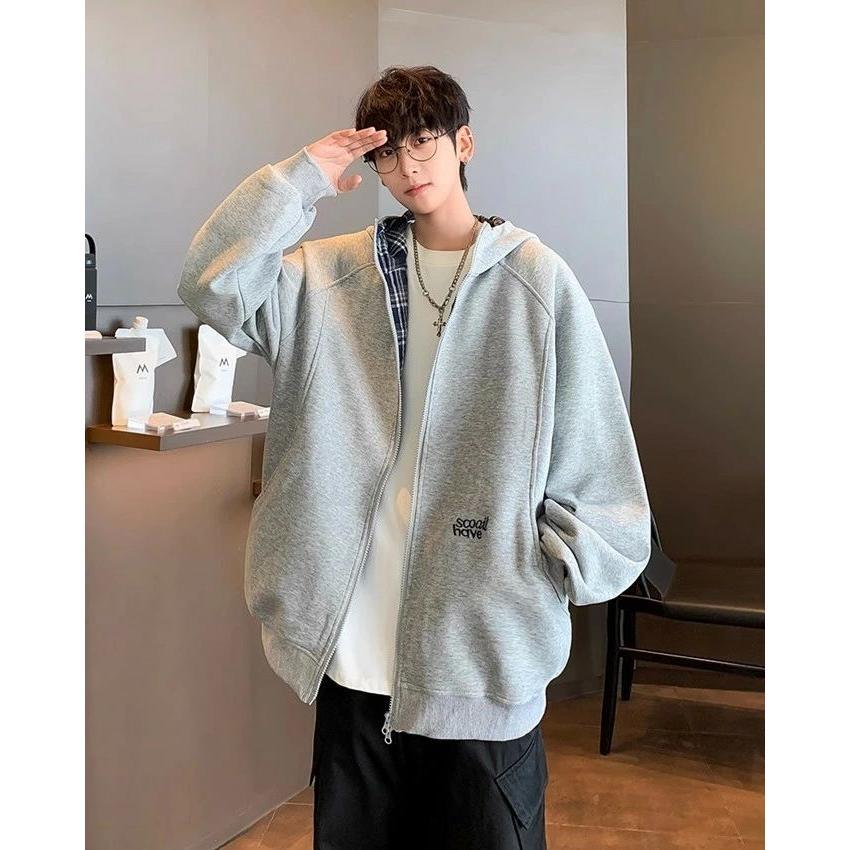 パーカー メンズ 長袖 ショート丈 ジップアップ ポケット付き ツーウェイジッパー ファスナー フード付き チェック切替 英字刺? ウエスタン ゆったり 高級感 ア - 画像 (2)