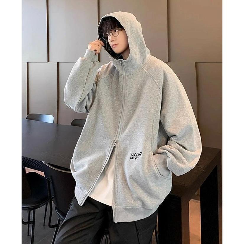 パーカー メンズ 長袖 ショート丈 ジップアップ ポケット付き ツーウェイジッパー ファスナー フード付き チェック切替 英字刺? ウエスタン ゆったり 高級感 ア - 画像 (3)