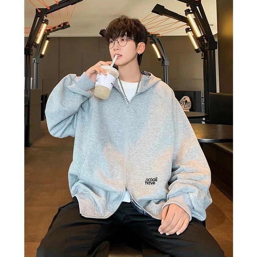 パーカー メンズ 長袖 ショート丈 ジップアップ ポケット付き ツーウェイジッパー ファスナー フード付き チェック切替 英字刺? ウエスタン ゆったり 高級感 ア - 画像 (4)