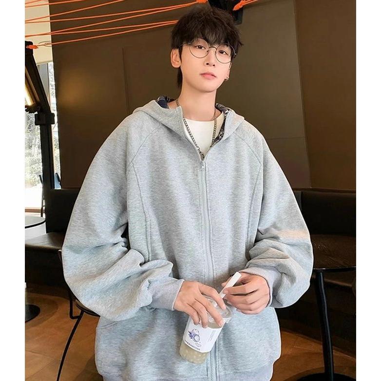 パーカー メンズ 長袖 ショート丈 ジップアップ ポケット付き ツーウェイジッパー ファスナー フード付き チェック切替 英字刺? ウエスタン ゆったり 高級感 ア - 画像 (5)