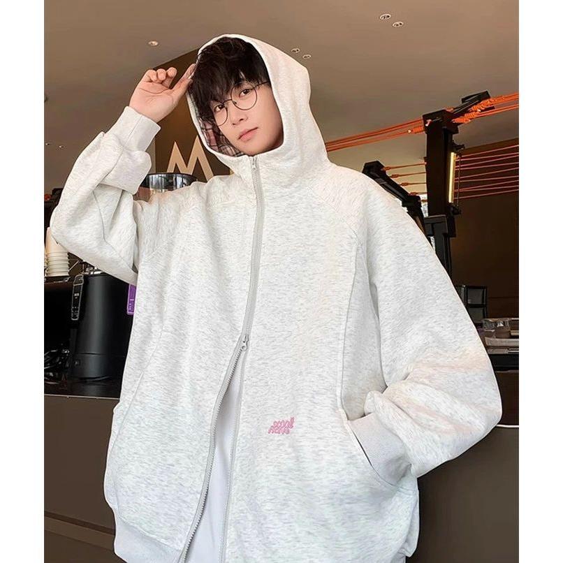 パーカー メンズ 長袖 ショート丈 ジップアップ ポケット付き ツーウェイジッパー ファスナー フード付き チェック切替 英字刺? ウエスタン ゆったり 高級感 ア - 画像 (7)