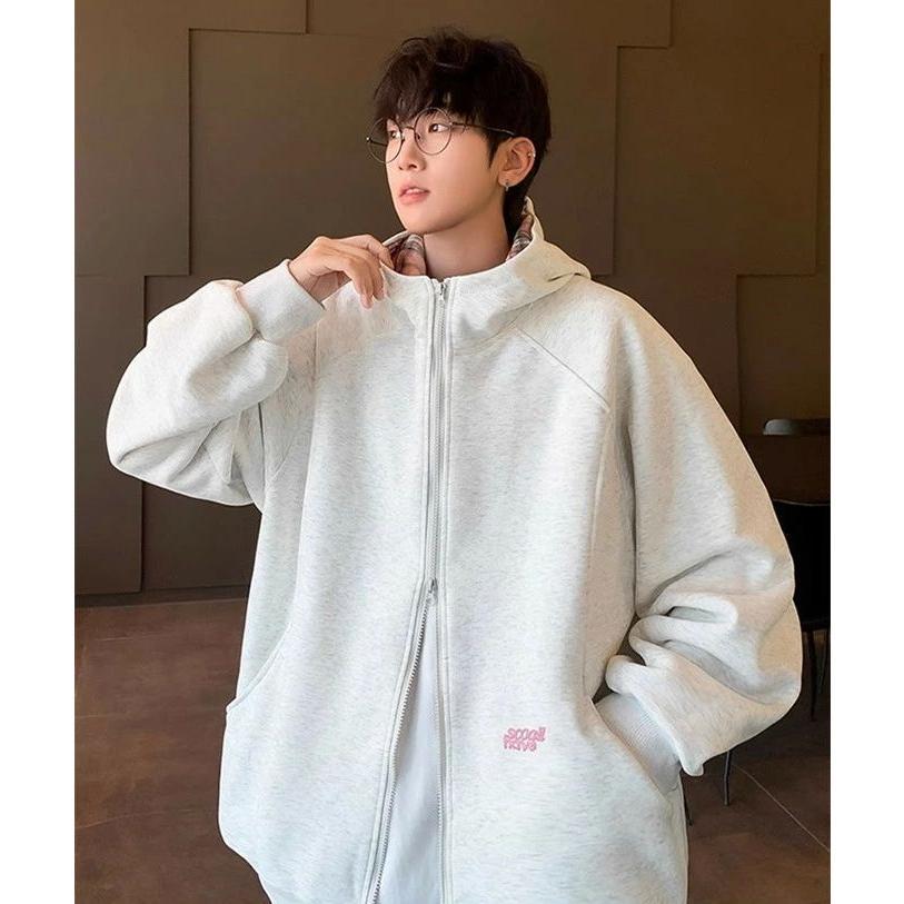 パーカー メンズ 長袖 ショート丈 ジップアップ ポケット付き ツーウェイジッパー ファスナー フード付き チェック切替 英字刺? ウエスタン ゆったり 高級感 ア - 画像 (8)