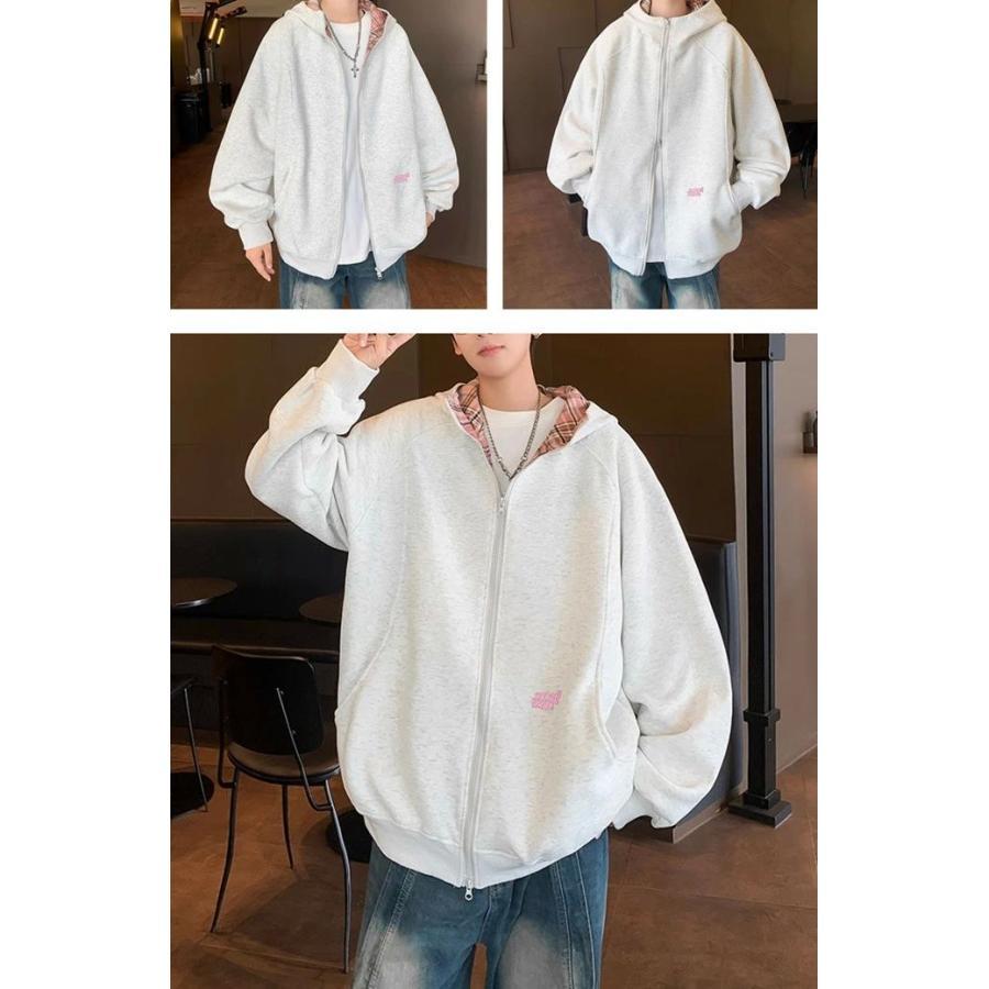 パーカー メンズ 長袖 ショート丈 ジップアップ ポケット付き ツーウェイジッパー ファスナー フード付き チェック切替 英字刺? ウエスタン ゆったり 高級感 ア - 画像 (9)