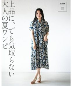 OTONA 涼し気リーフでラフなのに華やか ティアードワンピース 柄 ボタニカル 半袖 薄手 軽い ロング丈 ミドル丈 春夏 ブルー 40代 50代 60代
