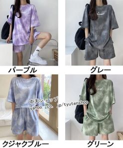 Tシャツ レディース セットアップ カジュアル 2点セット 半袖tシャツ+ショートパンツ ハーフパンツ ルームウェア 部屋着 ゆったり 絞り染め