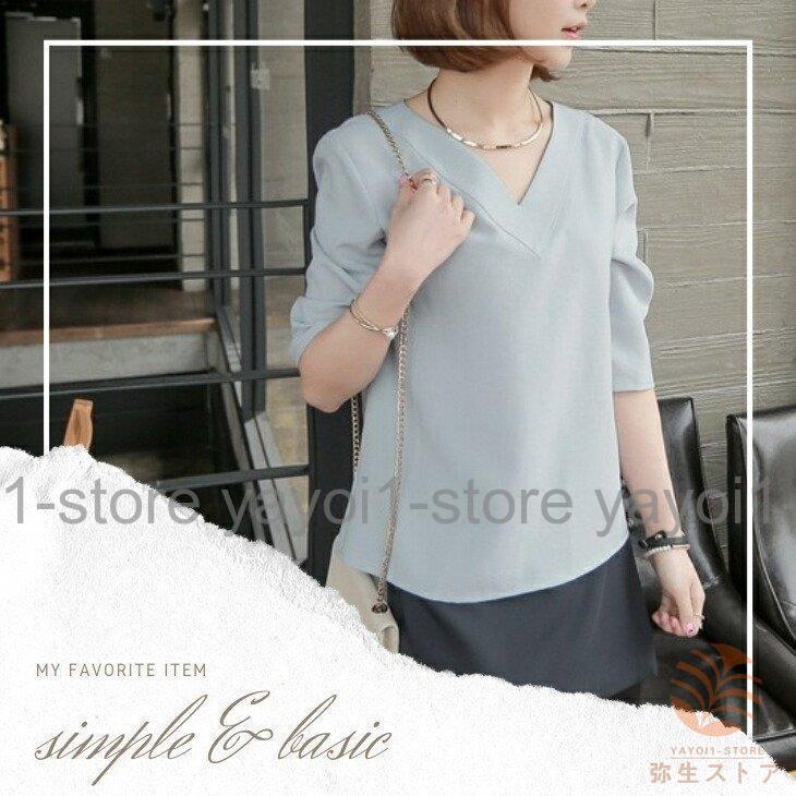 Tブラウス シャツ スーツ インナー ブラウス vネック 七分袖 フレアスリーブ オフィス カジュアル レディース フォーマル ス スキッパーシャツ - 画像 (2)