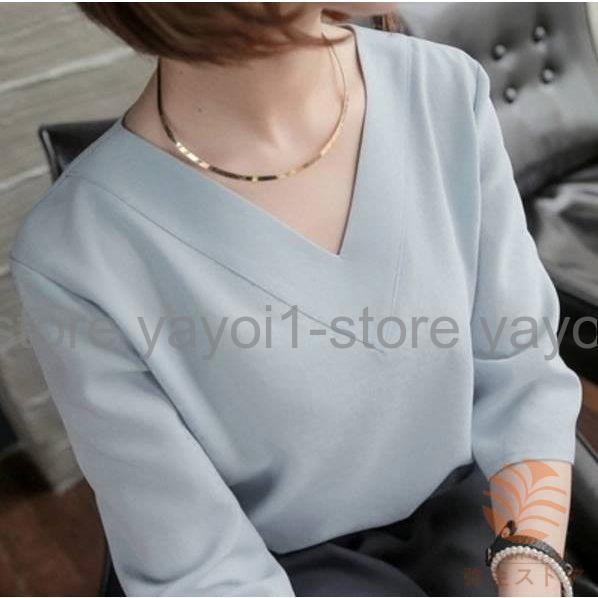 Tブラウス シャツ スーツ インナー ブラウス vネック 七分袖 フレアスリーブ オフィス カジュアル レディース フォーマル ス スキッパーシャツ - 画像 (3)