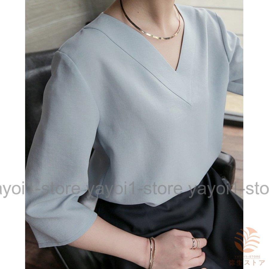 Tブラウス シャツ スーツ インナー ブラウス vネック 七分袖 フレアスリーブ オフィス カジュアル レディース フォーマル ス スキッパーシャツ - 画像 (5)