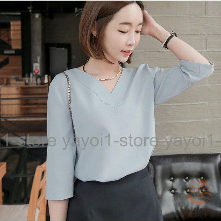 Tブラウス シャツ スーツ インナー ブラウス vネック 七分袖 フレアスリーブ オフィス カジュアル レディース フォーマル ス スキッパーシャツ - 画像 (6)