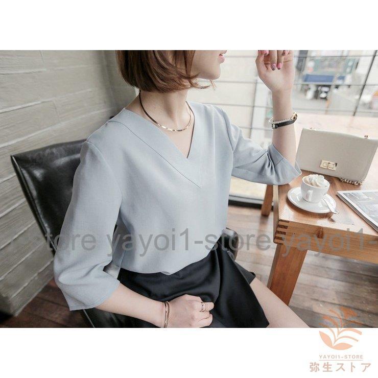 Tブラウス シャツ スーツ インナー ブラウス vネック 七分袖 フレアスリーブ オフィス カジュアル レディース フォーマル ス スキッパーシャツ - 画像 (7)