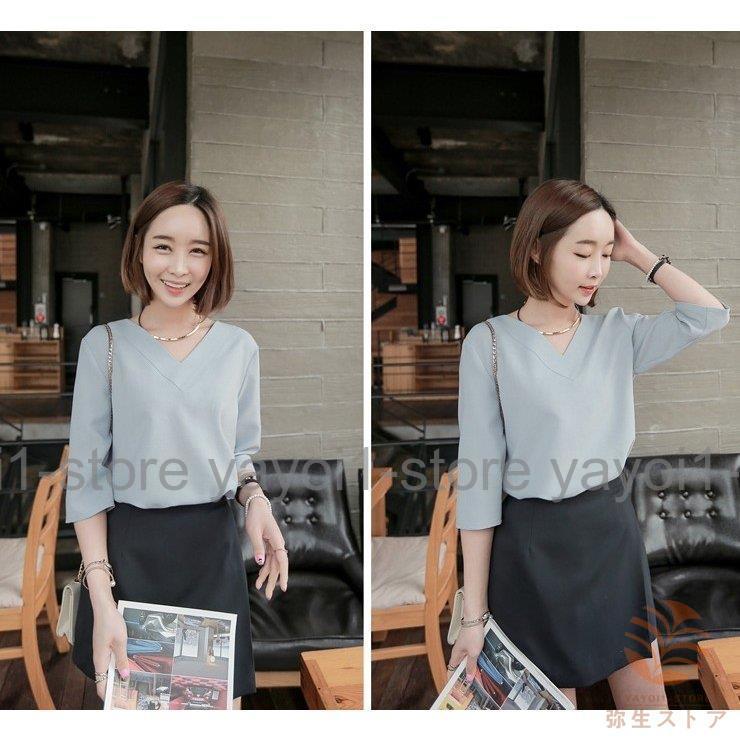 Tブラウス シャツ スーツ インナー ブラウス vネック 七分袖 フレアスリーブ オフィス カジュアル レディース フォーマル ス スキッパーシャツ - 画像 (8)