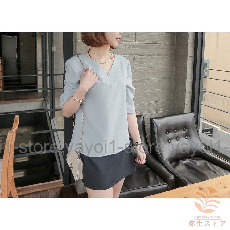 Tブラウス シャツ スーツ インナー ブラウス vネック 七分袖 フレアスリーブ オフィス カジュアル レディース フォーマル ス スキッパーシャツ - 画像 (9)