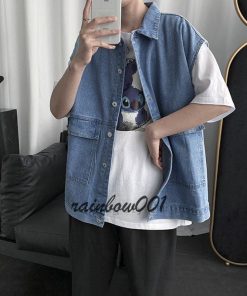 多机能デニムジャケット春と秋ポケットデザインのファッション袖なしゆったりした上着ベスト
