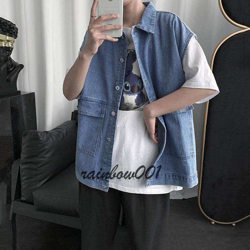 多机能デニムジャケット春と秋ポケットデザインのファッション袖なしゆったりした上着ベスト