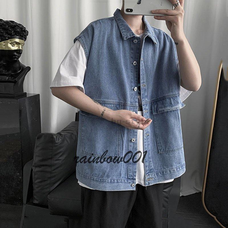 多机能デニムジャケット春と秋ポケットデザインのファッション袖なしゆったりした上着ベスト - 画像 (2)