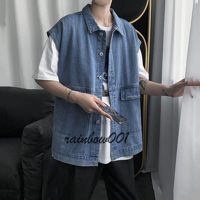 多机能デニムジャケット春と秋ポケットデザインのファッション袖なしゆったりした上着ベスト - 画像 (3)