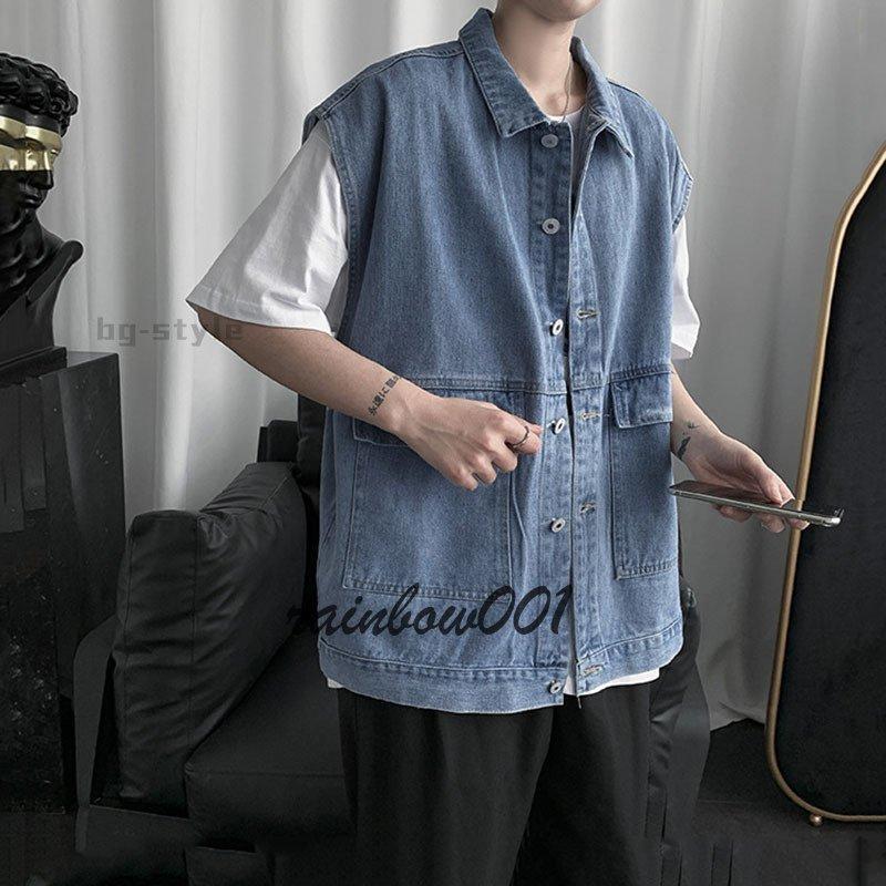 多机能デニムジャケット春と秋ポケットデザインのファッション袖なしゆったりした上着ベスト - 画像 (4)