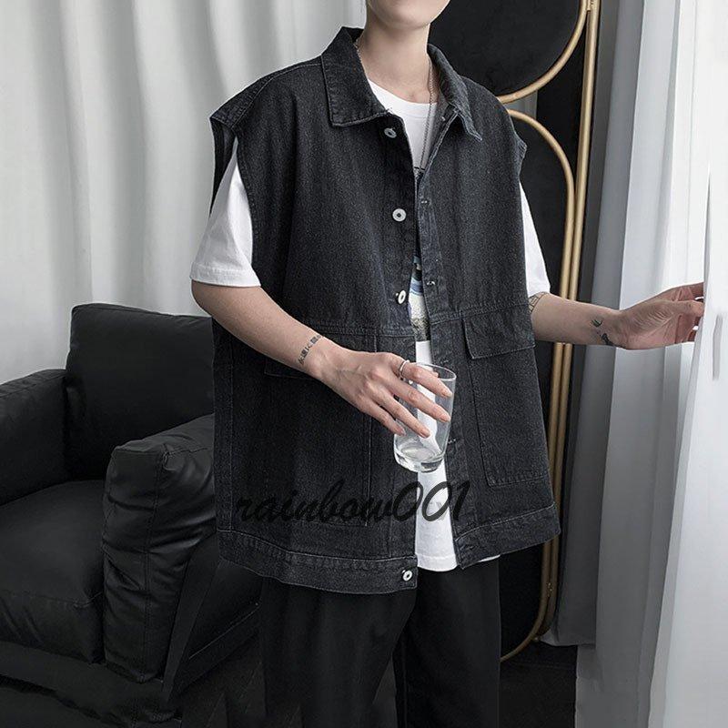 多机能デニムジャケット春と秋ポケットデザインのファッション袖なしゆったりした上着ベスト - 画像 (5)