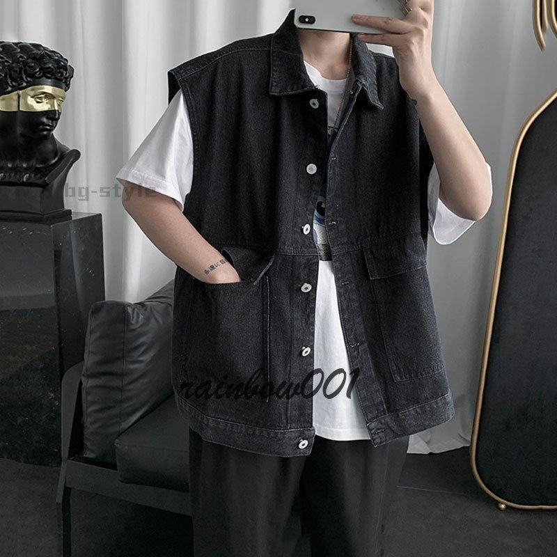 多机能デニムジャケット春と秋ポケットデザインのファッション袖なしゆったりした上着ベスト - 画像 (7)