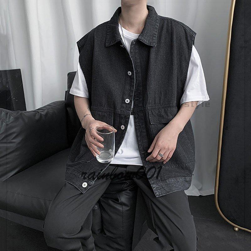 多机能デニムジャケット春と秋ポケットデザインのファッション袖なしゆったりした上着ベスト - 画像 (8)