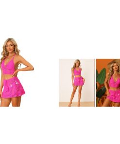 Allegra K ビキニ セット かぎ針編みニット 2ピース キャミ トップス ミニ スカート レディース ホットピンク L