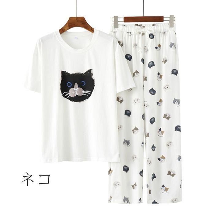 選べる2色ネコ柄が可愛い ルームウェア セットアップ パジャマ ペア レディース メンズ 上下セット 部屋着 春 夏 柔らかい お肌に優しい きれいめ - 画像 (5)