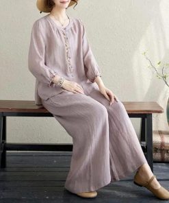 ワイドパンツ 春 長袖 レディース ブラウス 定番 シャツ 夏 体型カバー 部屋着 上下セット セットアップ カジュアル 綿麻タッチ きれいめ お洒落