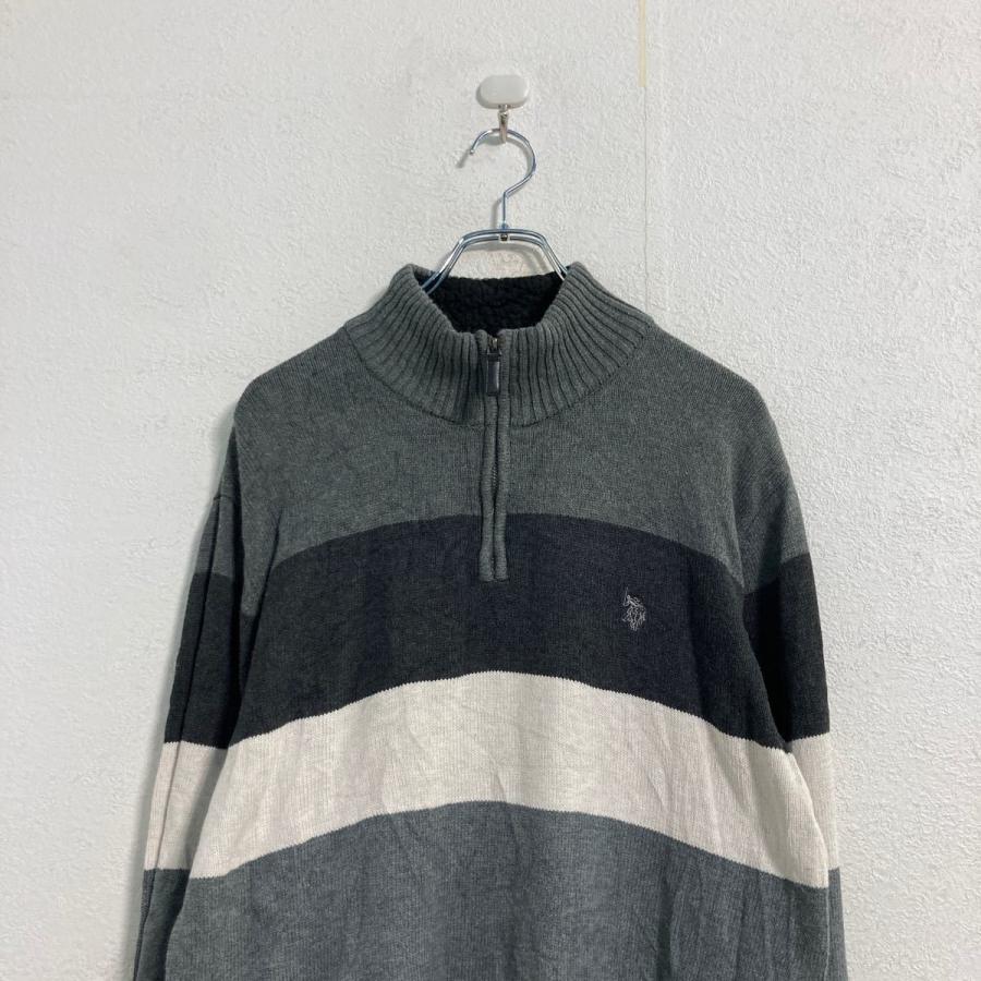 U.S. POLO ASSN. コットン ボーダー ニット セーター L グレー ホワイト ブラック ハーフジップ 古着卸 アメリカ仕入 a512-5868