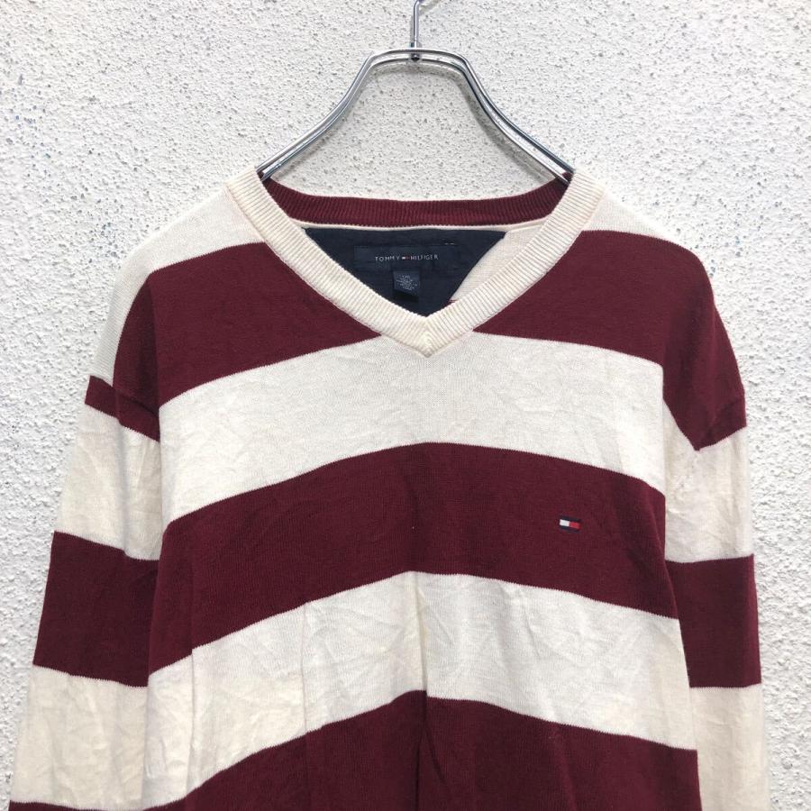 TOMMY HILFIGER コットン ニット セーター トミーヒルフィガー L ホワイト レッド ボーダー Vネック 古着卸 アメリカ仕入 a605-8335
