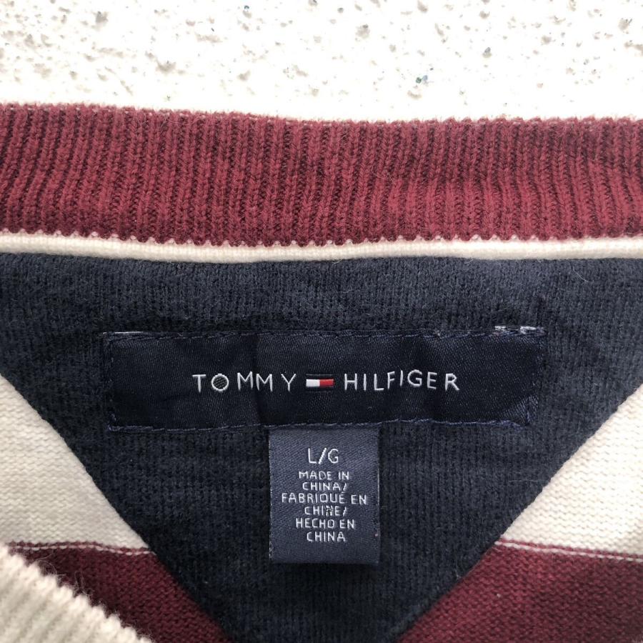 TOMMY HILFIGER コットン ニット セーター トミーヒルフィガー L ホワイト レッド ボーダー Vネック 古着卸 アメリカ仕入 a605-8335 - 画像 (6)
